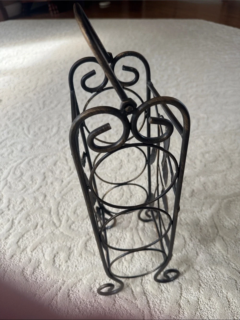 Vintage Wrought Iron 3-Bottle Wine Rack Caddy Holder with Handle